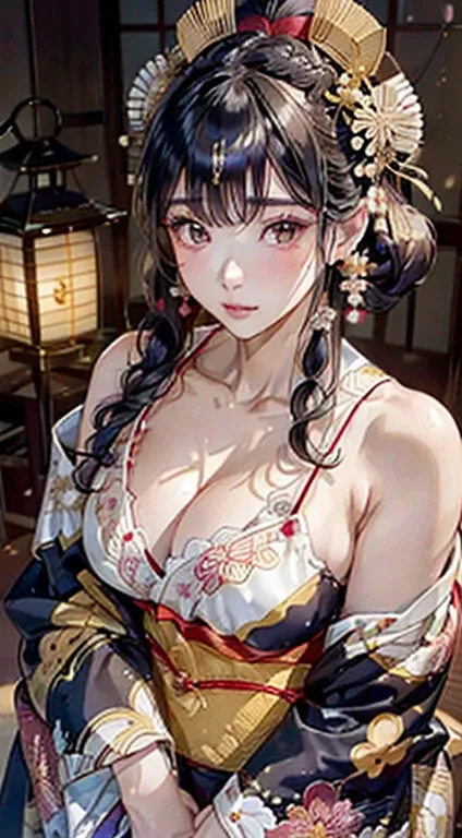 (花魁:1.4)、1girl in,Black hair fringe long hair、Braided hair、disheveled hair、Light brown eyes、(Detailed and well-proportioned eyes:1.4)、(Extraordinary beauty)、(dignified expression)、(Colorful traditional kimono, A shiny luxury Japan based on white:1.4)、(:1.4...