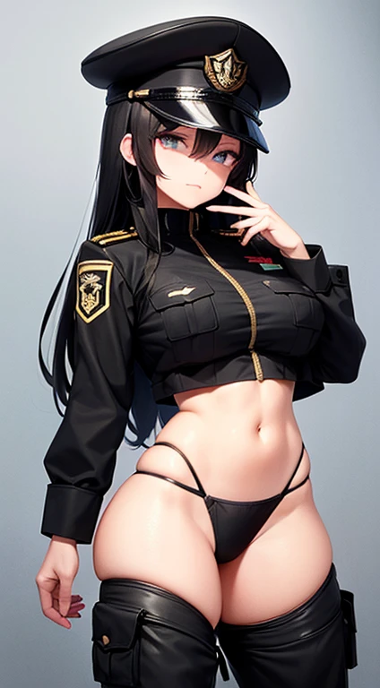 black Military Uniform, Bikini, Long Black Hair, Breast, black Military Cap, (detailed hands and fingers:1.2)