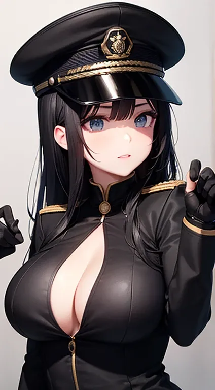 black Military Uniform, Bikini, Long Black Hair, Breast, black Military Cap, (detailed hands and fingers:1.2)