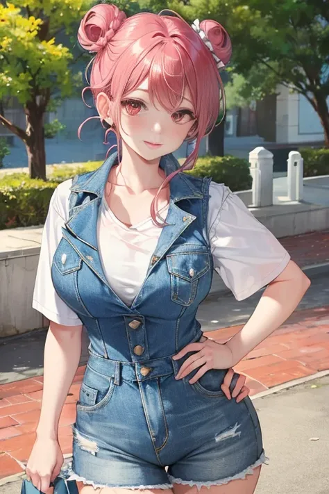 tmasterpiece、Need、1 female student、White cloth bun bun bun、Shoulder leakage、The chest is large、chubbiness、Smile、pale pink lip、posing on a，legs are open， 独奏,denim short， denim vest，looking at viewert,  (Thigh thick:1.0),Yazawa Nico,red eyes, face flushed,Bl...