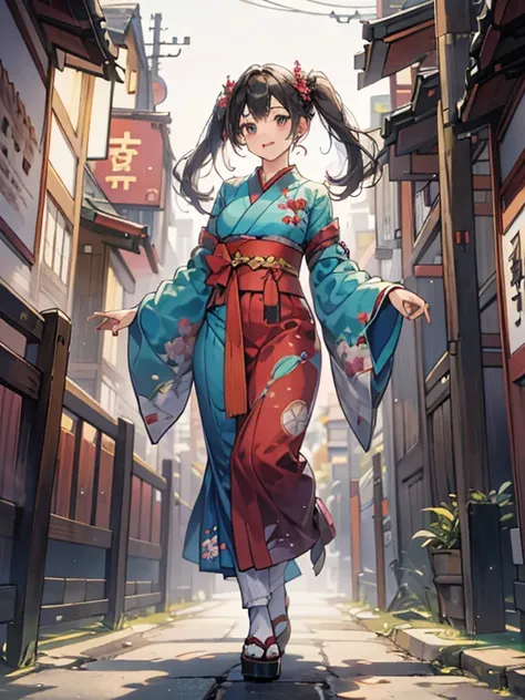 girl with, Full body, Twin tail hair, Japan Kimono Furisode