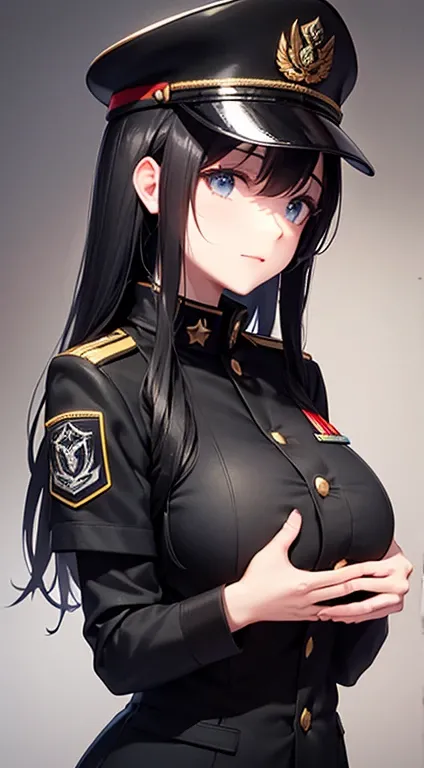 black Military Uniform, Long Black Hair, Breast, black Military Cap, (detailed hands and fingers:1.2)