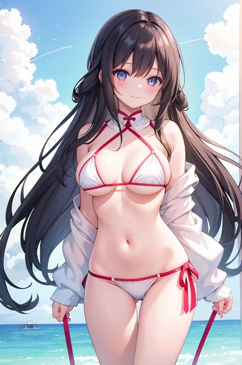 ​masterpiece,1girl in,独奏,A dark-haired,lower boobs,,light_Smile,bandaid,White string bikini,arms folded,blonde  hair、Twin-tailed、Blue eyelids、panties on,Perfectly beautiful arms、Perfectly beautiful legs、