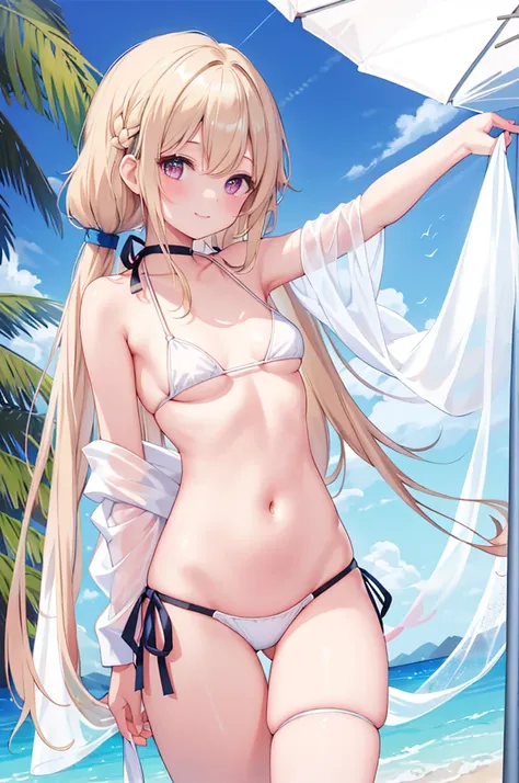 ​masterpiece,1girl in,独奏,A dark-haired,lower boobs,,light_Smile,bandaid,White string bikini,(((Bikini with a small cloth area)))arms folded,Blonde colored hair、Twin-tailed、Blue eyelids、panties on,Perfectly beautiful arms、Perfectly beautiful legs、