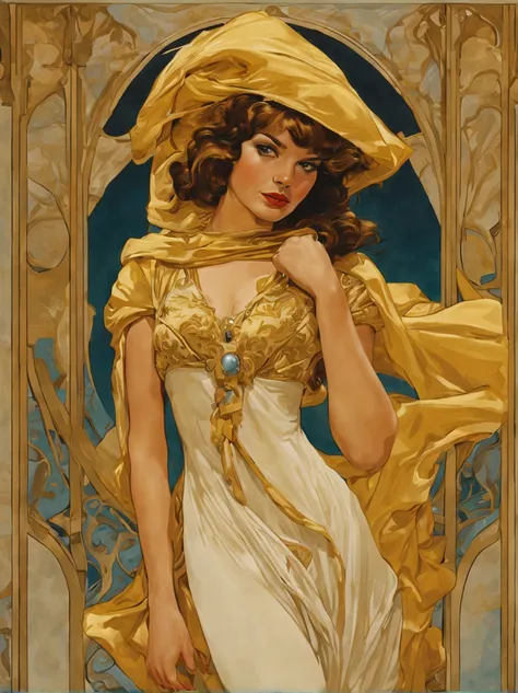 Art nouveau, young woman dressed in golden silk, Don Lawrence, digital, DAlbert Uderzo and Frank Bellamy, oil and ink