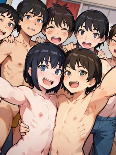 Nudist animator&#39;s winning run、Lots of elementary school boys hugging each other、surround each other&#39;s face、(((Laughter and joy)))、in group photograph、Group Selfies、Dynamic