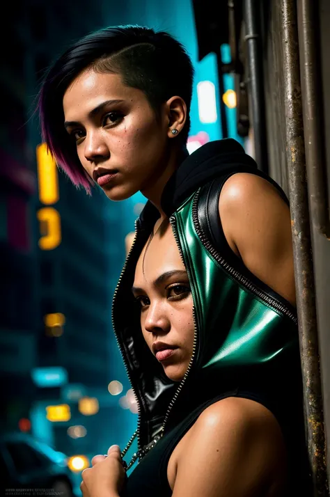 A tenacious cyberpunk filipina punk rock girl hiding from government agents in a bustling metropolis, weaving through crowded streets and dark alleyways, close up, Detailed clothes, green eyes, short shaved hair, determined expression, shiny glossy skin, s...