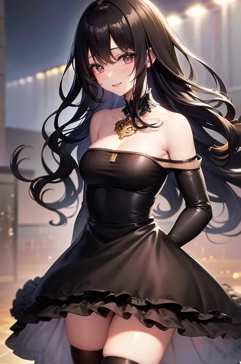 (8K), (Best Quality), (masutepiece:1.3), (Realistic), (photoRealistic:1.36), Ultra-detailed,1 beautiful girl, small bast, Black hair,Colored inner hair,Wavy Hair, Black eyes, Smile, Dress, Full body shot, nightcity