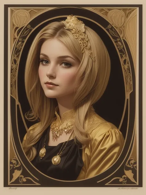 Art nouveau, young woman dressed in golden silk, Don Lawrence, digital, DAlbert Uderzo and Frank Bellamy, Photorealistic oil and ink