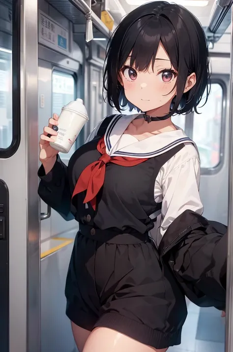 On the train、Short black hair、a beauty girl、a sailor suit、A large amount of milk is poured all over the body、a sailor suitに牛乳が付いている、hight resolution、high-level image quality