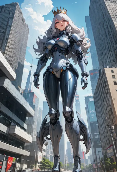 (Detailed illustrations,Very detailed and detailed drawing,Delicate lines with slow and rapid,Realistic texture expression),[Color tressed main line],[Modern city skyscrapers background],(ANIME)(A pure white GIANTROBOT Girl towering over the building area(...