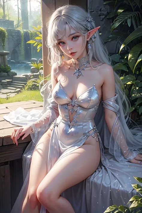 Elven girl with cute and seductive features, long and pointed ears, Bright and vivid eyes, Soft and delicate skin, rosy cheeks. She has a graceful and slender figure, dressed in a flowing, An ethereal gown made of shimmering moonlight satin. Her hair flows...