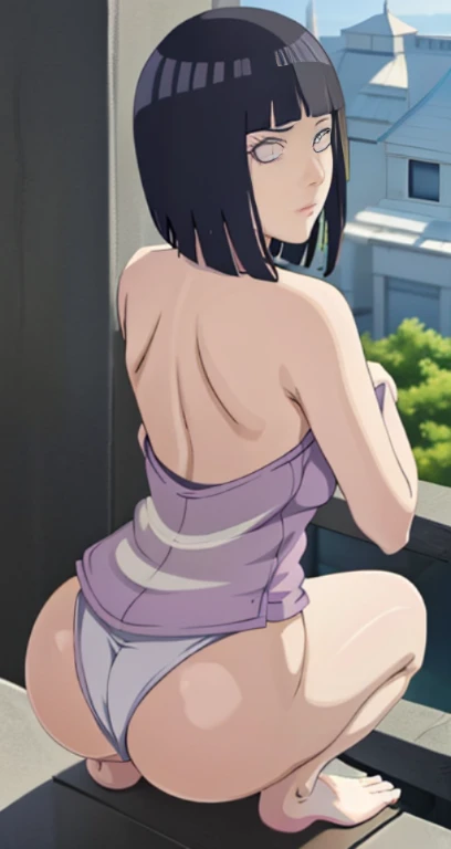 a woman in a White Towel sitting on a ledge, Hinata from Naruto, beautiful anime girl squatting, Hinata, thicc, she wears a White Towel, Hinata, looking from behind, back pose, full growth from the back, in full growth from the back, seductive anime girl, ...