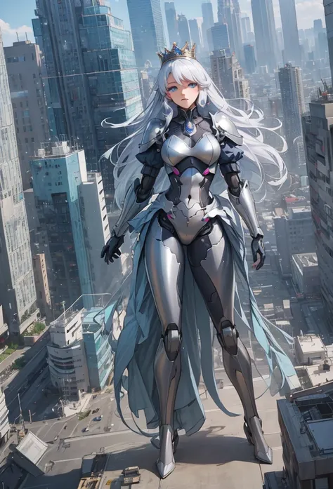 (Detailed illustrations,Very detailed and detailed drawing,Delicate lines with slow and rapid,Realistic texture expression),[Color tressed main line],[Modern city skyscrapers background],(ANIME)(A pure white GIANTROBOT Girl towering over the building area(...