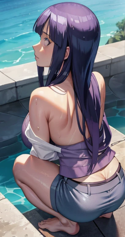 a woman in a White Towel sitting on a ledge, Hinata from Naruto, beautiful anime girl squatting, Hinata, thicc, she wears a White Towel, Hinata, looking from behind, back pose, full growth from the back, in full growth from the back, seductive anime girl, ...