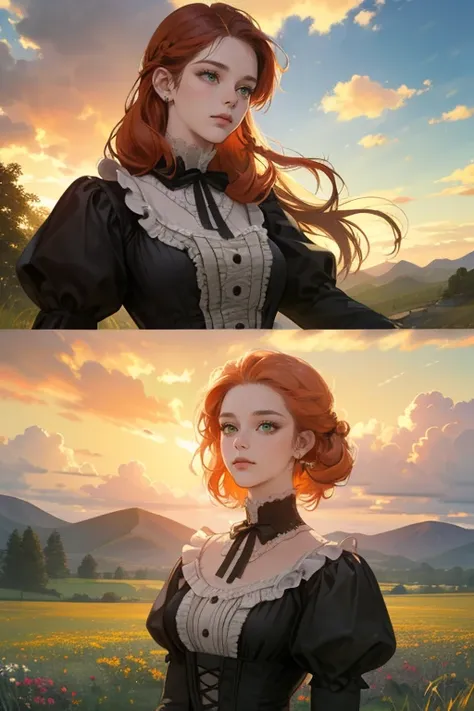 masterpiece, best quality, realistic, 1woman, mature female, beautiful, 25 years old, extremely detailed face, ((green eyes)), ((long red-orange hair, long fishtail braid hairstyle), , citizen, ((waring victorian girl outfit)), cinematic lighting, looking ...