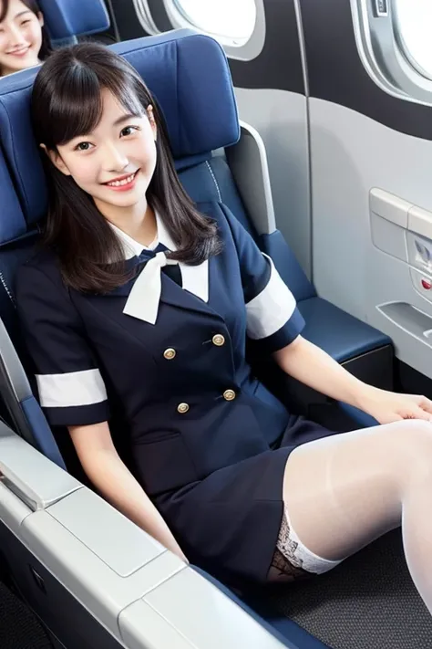 top-quality、​masterpiece、real 20 year old woman、cabin attendant、校服、Hands folded in front of each other、Black stockings、In-flight、a smile、Hairstyle is semi-long、hight resolution、