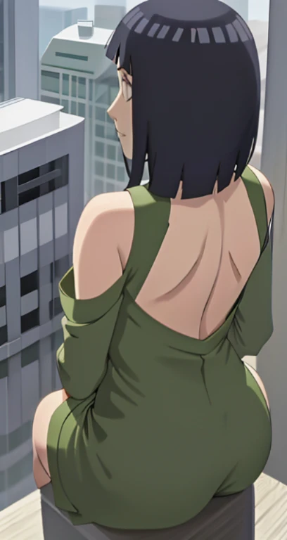 a woman in a green dress sitting on a ledge, Hinata from one punch man, beautiful anime girl squatting, Hinata, thicc, she wears a dark green dress, Hinata, looking from behind, back pose, full growth from the back, in full growth from the back, seductive ...