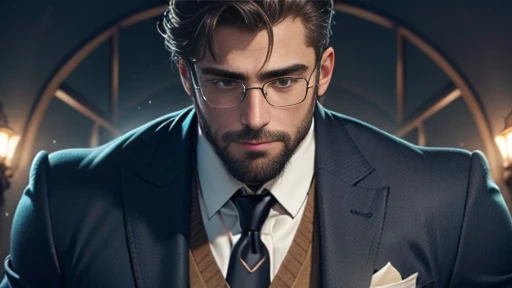 1 man,full body image, wearing glasses,beard, handsome, formal suit, buff muscular physique, tan skin, sharp eyes, chiseled jawline, book in hand