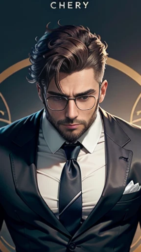 1 man,full body image, wearing glasses,beard, handsome, formal suit, buff muscular physique, tan skin, sharp eyes, chiseled jawline, book in hand