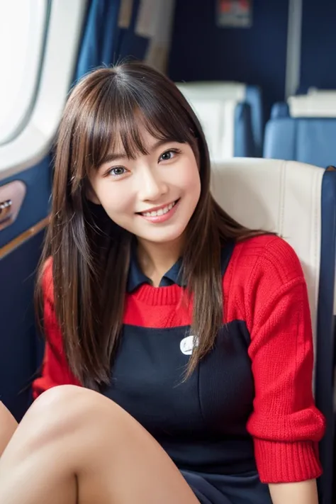 top-quality、​masterpiece、real 20 year old woman、cabin attendant、校服、Black stockings、In-flight、a smile、Hairstyle is semi-long、soio、hight resolution、