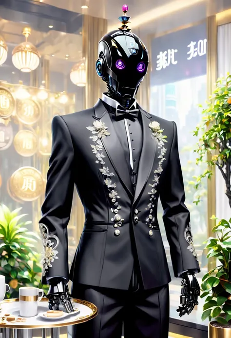 (Faraway view:1.5)，(full bodyesbian:1.5)，futuristic cities, (1台卓越不凡的服务Robot butler), (((Wearing a black tuxedo，Straight black trousers, The garment is decorated with silver buttons and delicate embroidery)))，(head to toe，Robot butler穿着黑色金属皮鞋:1.5), The robo...