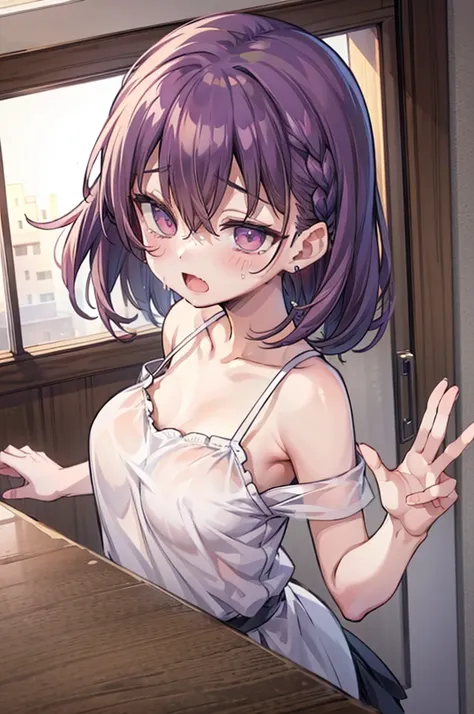 Perfect human body、1 girl、A couple、heterosexuality、 NSFW, ((actual, On the table)), (very highly detailed background、In front of the apartment),  Oversized white T-shirt、mini-skirts、鎖骨, ((woman waving)), ((perspiring,steamy,Junior))), 、皮革mini-skirtearful e...