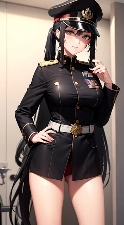 Military Uniform, Long Black Hair, Breast, Military Cap, Ponytail, Bikini