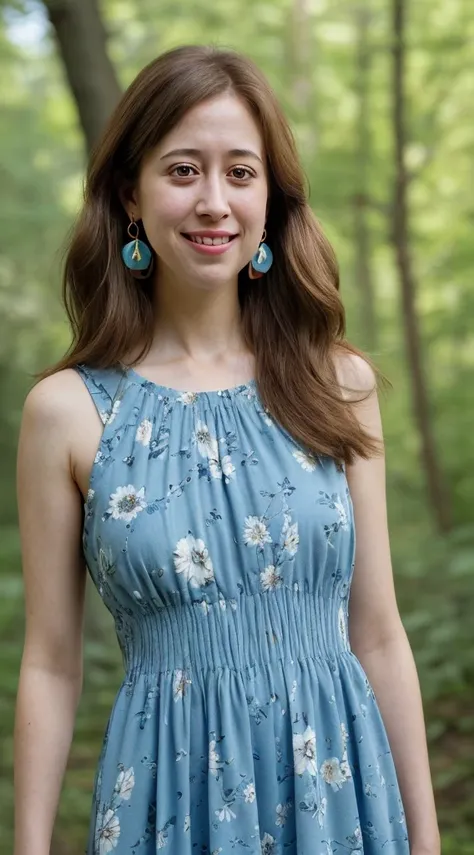 smiling woman with long brown hair and earrings in front of trees, wearing a blue floral sun dress, this person does not exist, 30 years old, rectangular body shape, carrie coon-alona tal-zoe kazan-greta gerwig merged, entire body visible, full body, hyper...