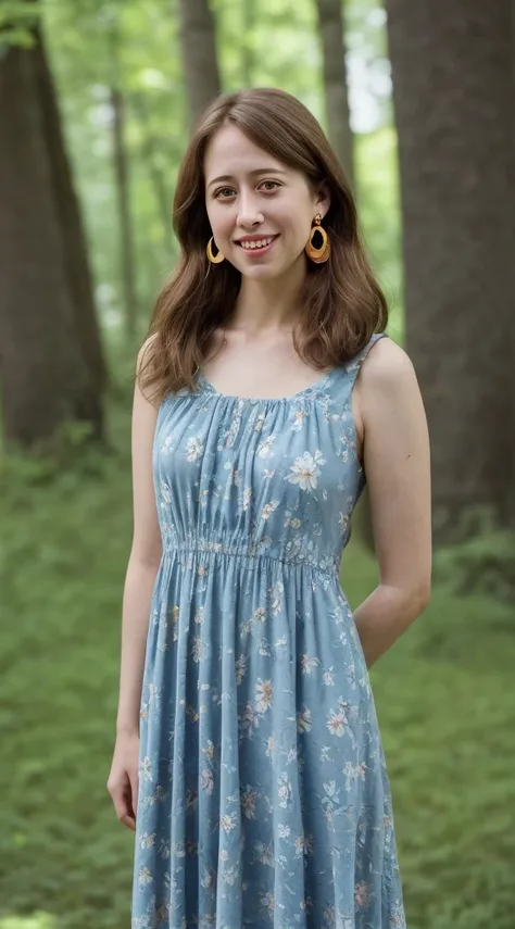 smiling woman with long brown hair and earrings in front of trees, wearing a blue floral sun dress, this person does not exist, 30 years old, rectangular body shape, carrie coon-alona tal-zoe kazan-greta gerwig merged, entire body visible, full body, hyper...