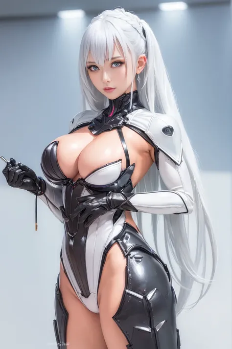 (best quality, Meisterwerk, bunt, Dynamischer Winkel, highest Detailliert) upper body photo, Fashion photography of cute white girl with long hair (Atemberaubende reife Frau), ((massive gigantic breasts)), dressing high Detailliert Evangelion white suit (H...