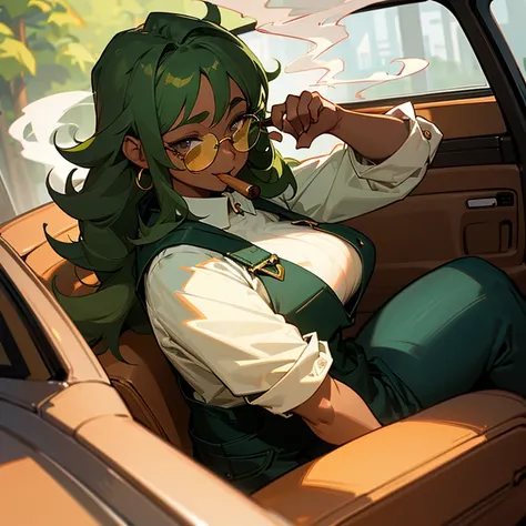 Dark Brown skin tanuki girl, dark brown skin, grey eyes, green long hair, curly green hair, 25 years old, chubby, curvy, fat, big butt, big breast, sitting seductively in car,  girl, gold circle glasses , facing camera, explicit, black overalls, denim over...