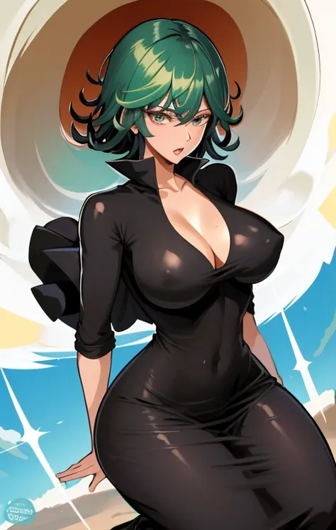 (La mejor calidad, 8k, 12), 1人の女の子, Tatsumaki, Pelo corto, cabello verde, pecho gigante, El cuerpo perfecto, Cara ultra detallada, Labios detallados, ojos delgados, vestido negro, squat, tentador, excitado, areolas convexas, en celo, vapor, arma up , tembl...