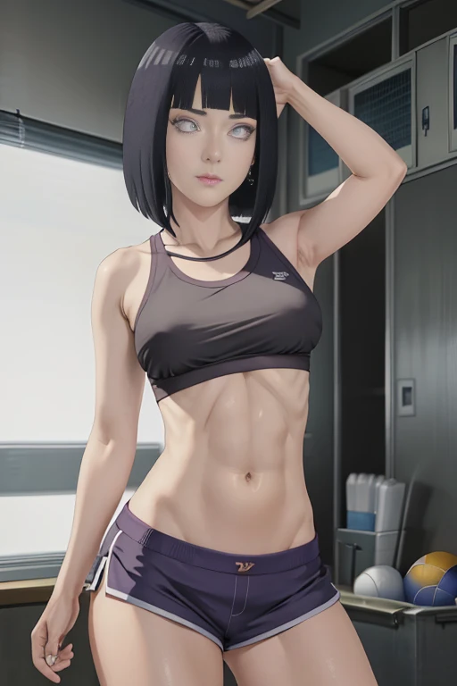 masterpiece, absurdres , (intricate details), (colorful),cinematic lighting,bust shot,extremely detailed CG unity 8k wallpaper ,hinata(Boruto), 1girl, solo,mature female, Slim body fat type/skinny. arm up, looking at viewer, sports bra, sports dolphin shor...