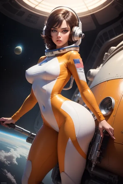 Full body portraiture, low angle shot, stunningly gorgeous barbarella, female astronaut in skin-tight orange space suit, full figure, medium breasts, wearing a space helmet, sexy and dreamy, unseemly, alluring, in orbit around a strange planet on a spacewa...