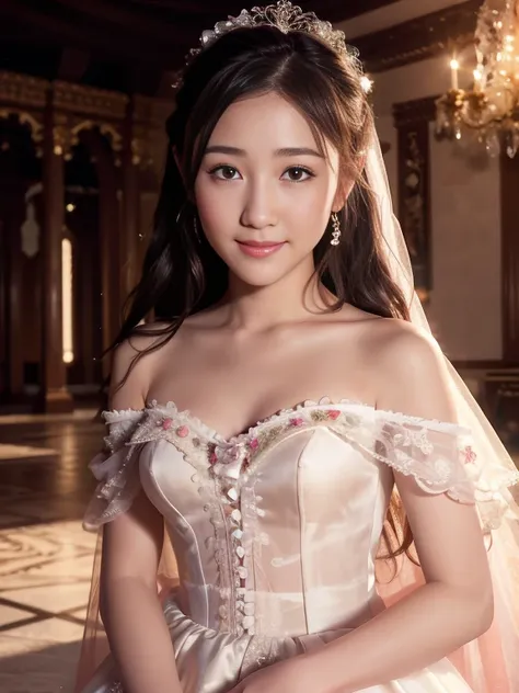 young girl in wedding dress and updo, off-shoulder neckline, and a long veil. her face is young and innocent, looks like a child...