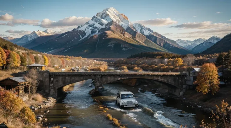 painting (1950s style white 4x4 sports SUV), and mountain scene with a river and trees, car centered, el bosco and dan mumford, autumn mountains, scenery artwork, dan mumford and albert bierstadt, by Justin Gerard, mountainscape, middle earth landscape, da...