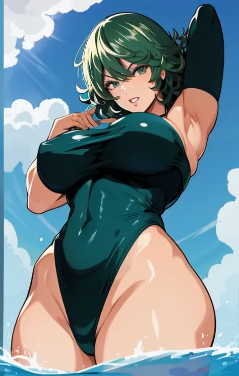 (La mejor calidad, 8k, 12), 1人の女の子, Tatsumaki, Pelo corto, Green hair, pecho gigante, El cuerpo perfecto, Cara ultra detallada, Labios detallados, ojos delgados, micro swimsuit, standing, tentador, excitado, areolas convexas, en celo, vapor, arms up , temb...