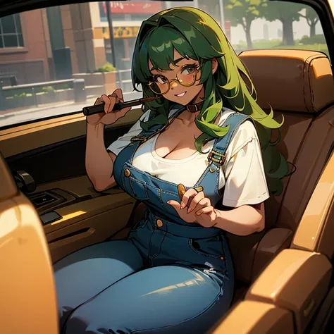 Dark Brown skin tanuki girl, dark brown skin, grey eyes, green long hair, curly green hair, 25 years old, chubby, curvy, fat, big butt, big breast, sitting seductively in car,  girl, gold circle glasses , facing camera, explicit, black overalls, denim over...