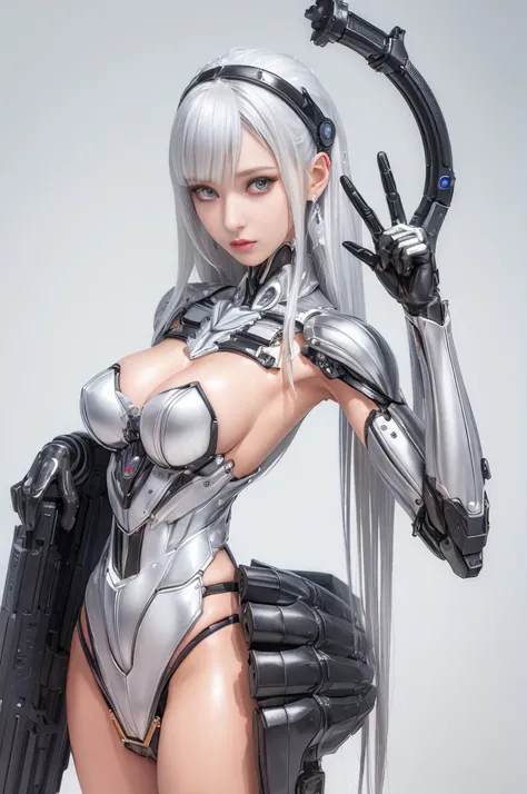 Carries a silver-white mech，A girl with a delicate face，Best Picture Quality，ultraclear，The facial features are delicate and clear，Harmagedon，Maschinenarm，Exquisite Details，Mecha-Muster