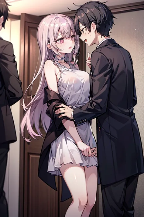 Perfect human body、2 boys,1 girl、A couple、heterosexuality、 NSFW, ((actual, Bedrooms)), (very highly detailed background), (((Stand next to the girl、Man puts his hands on girl&#39;s waist))),  Oversized white T-shirt、mini-skirts、鎖骨,Bigchest， ((woman with fe...