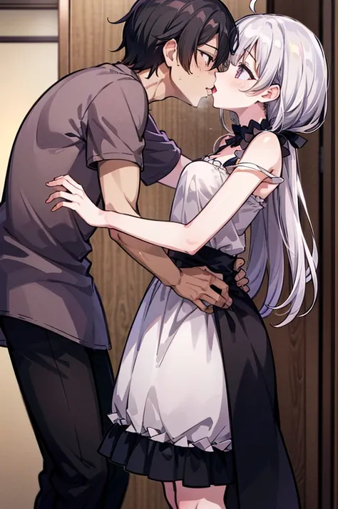 Perfect human body、1 boy,1 girl、A couple、heterosexuality、 NSFW, ((actual, Bedrooms)), (very highly detailed background), (((Stand next to the girl、Guy kisses girl，Man&#39;s hand lifts girl&#39;s skirt))),  Oversized white T-shirt、mini-skirts、鎖骨,Oversized c...