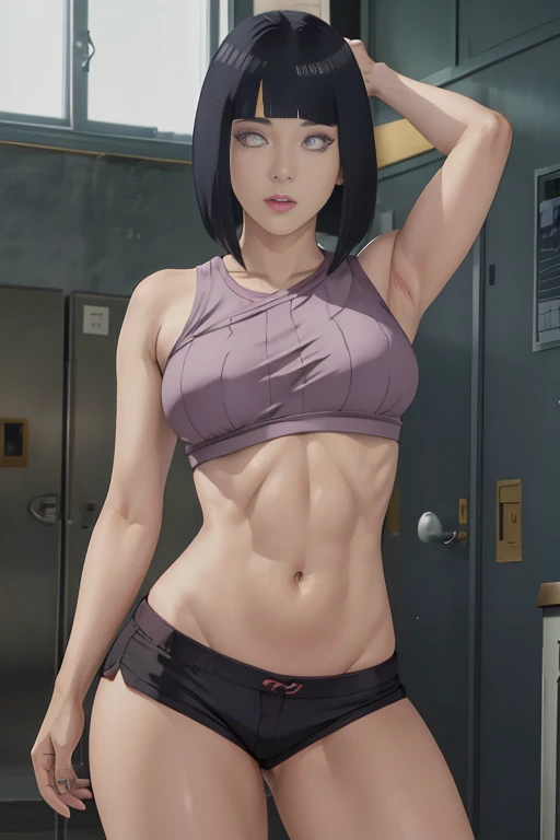 masterpiece, absurdres , (intricate details), (colorful),cinematic lighting,bust shot,extremely detailed CG unity 8k wallpaper ,hinata(Boruto), 1girl, solo,mature female, Slim body fat type/skinny Female. arm up, looking at viewer, Multiway Bra, Sports Dol...