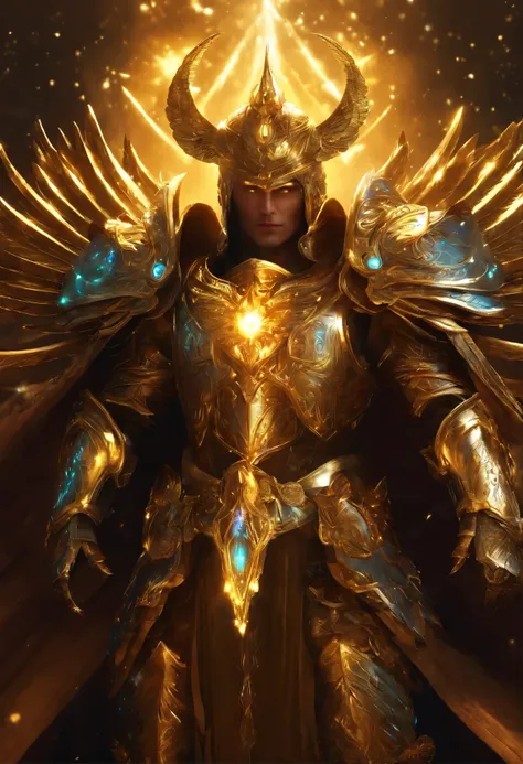 holy paladin, glowing light eyes, glowing golden wingiomechanicals, The colors are very vivid, Light particles, Glowing light, Mshiv, wallpaper art, ultra HD wallpaper