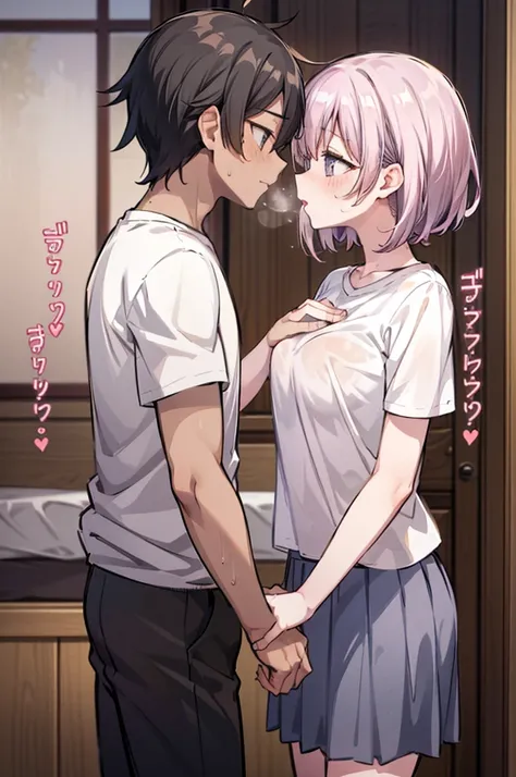 Perfect human body、1 mature man,1 girl、A couple、heterosexuality、 NSFW, ((actual, Bedrooms)), (very highly detailed background), (((Stand next to the girl、Guy kisses girl，Man&#39;s hand lifts girl&#39;s skirt))),  Oversized white T-shirt、mini-skirts、鎖骨,Over...