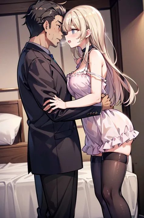 Perfect human body、1 mature man,1 girl、A father and daughter、heterosexuality、 NSFW, ((actual, Bedrooms)), (very highly detailed background), (((Stand next to the girl、father kissing girl、))),  Oversized white T-shirt、mini-skirts、鎖骨,Oversized chest， Convex ...