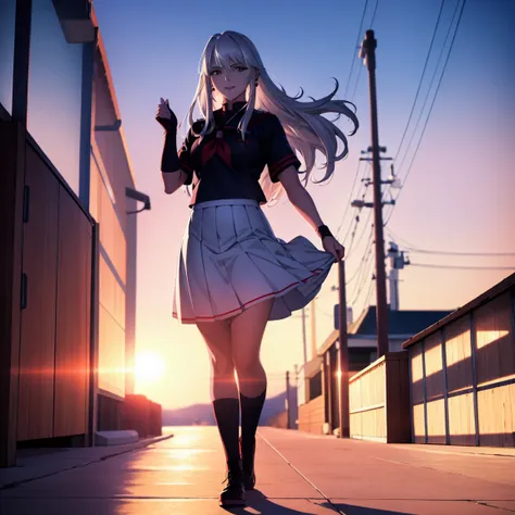 sukeban illyasviel_von_einzbern, mature_female, silver hair, holding yoyo, combat pose, full body, flowing hair, hair between the eyes, asymmetrical hair, red eyes, delicate facial features, sukeban deka clothe, looking_at_viewer, outdoors, background toky...