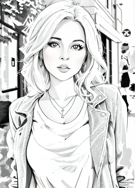 mulher loira com jaqueta e colar em uma rua da cidade, desenhado com photoshop, sketch black and white colors, great arte digital with details, desenho digital realista, arte digital picture, realistic sketch, No estilo de arte de Bowater, Arte de linha in...