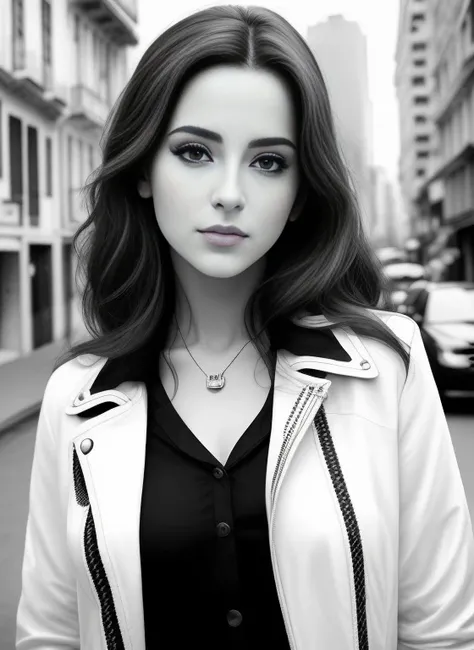 mulher loira com jaqueta e colar em uma rua da cidade, desenhado com photoshop, sketch black and white colors, great arte digital with details, desenho digital realista, arte digital picture, realistic sketch, No estilo de arte de Bowater, Arte de linha in...