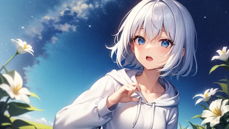 (masutepiece: 1.2, Best Quality), 1 Lady, Solo, silber hair,Shoulder out,Very short hair, long bangs between eyes, blue eyess,Black eyes, Hoodie,White hair, Silver hair, Hoodie, White hoodie、blue-sky、in woods、izumi、flower  field、open open mouth、5 fingers